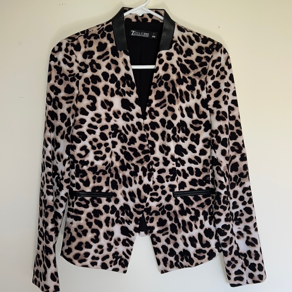 Leopard blazer with faux leather trim detail